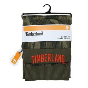 Timberland Camouflage Print Winter Beanie Hat & Scarf Set OSFM NWT Dark Green